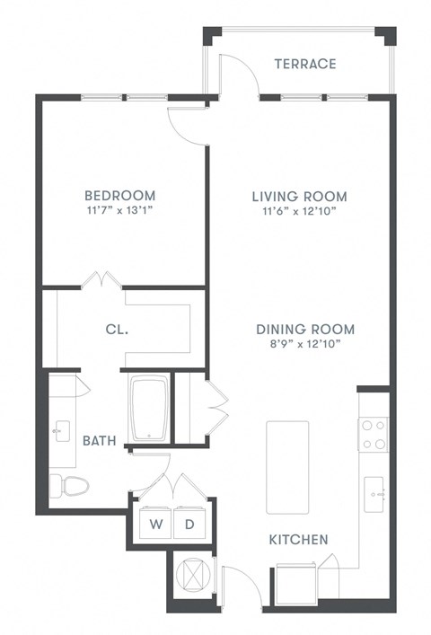 Floor plan for 1 bed, 1 bath, 873 sqft